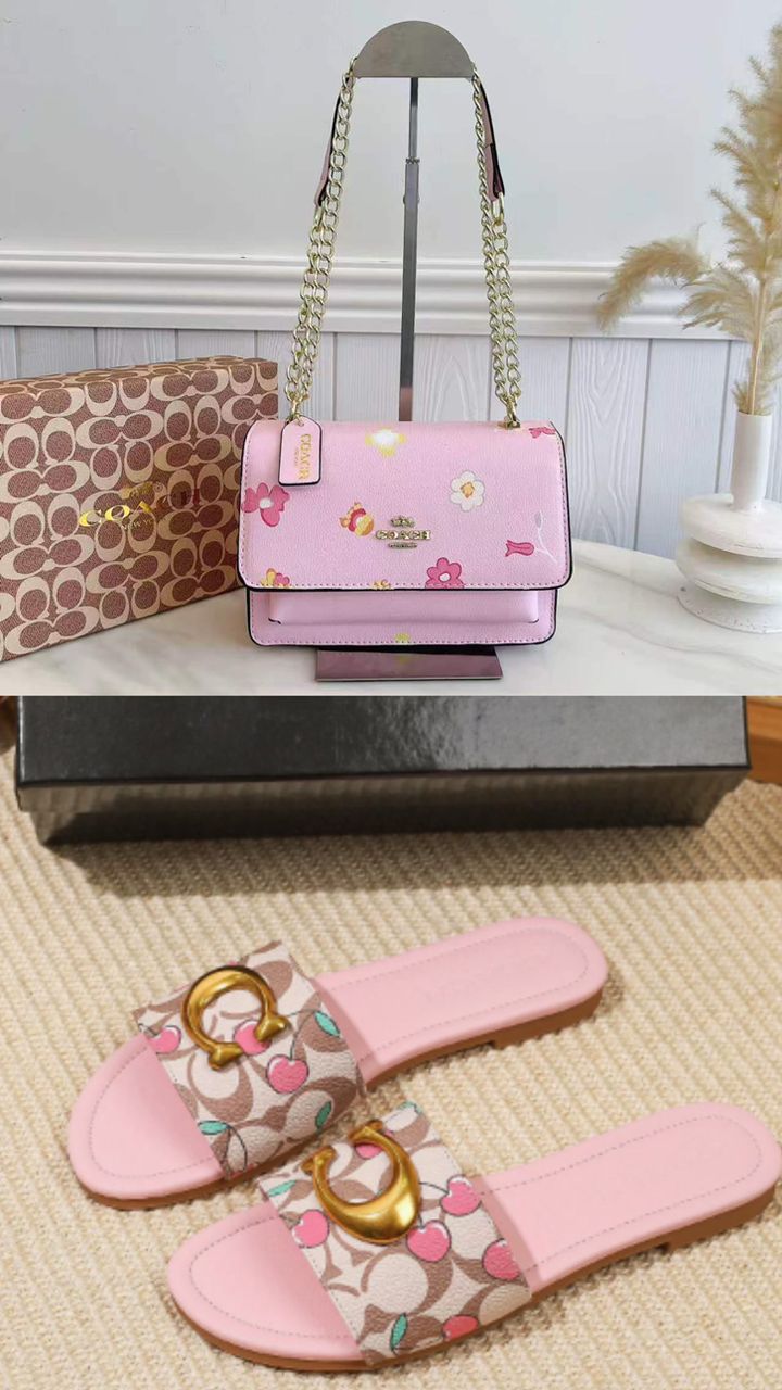 Coach Floral Print Chain Shoulder Bag & Cherry Signature Slide Sandals Set