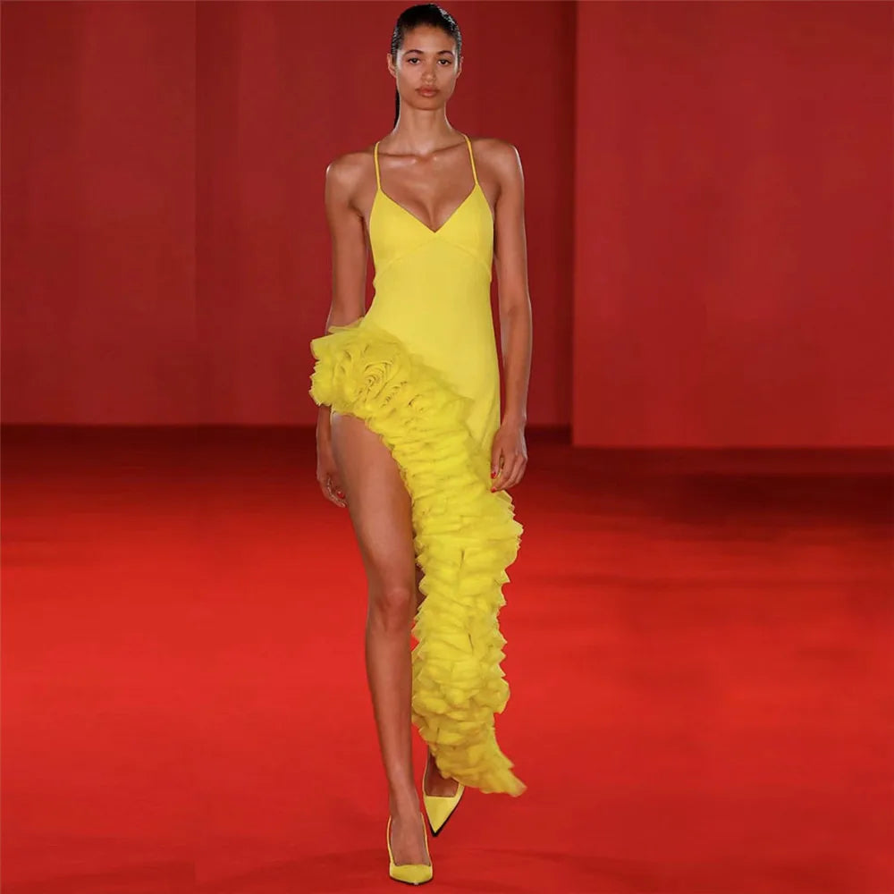 Women Spaghetti Strap Bandage Dress 2023 New Sexy Pacthwork Clothes Club Party Celebrity Elegant Dresses