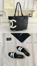 Chanel Cambon Quilted Black Leather Tote Bag & CC Logo Slide Sandals Set