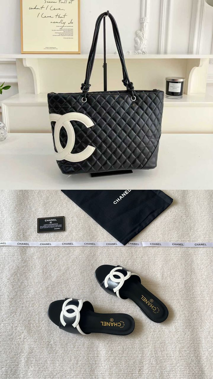 Chanel Cambon Quilted Black Leather Tote Bag & CC Logo Slide Sandals Set
