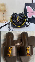 Saint Laurent YSL Gold Hardware Bucket Bag & Matching Brown Slides Set