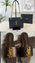 Saint Laurent YSL Envelope Chain Bag & Slide Sandals — Black/Gold