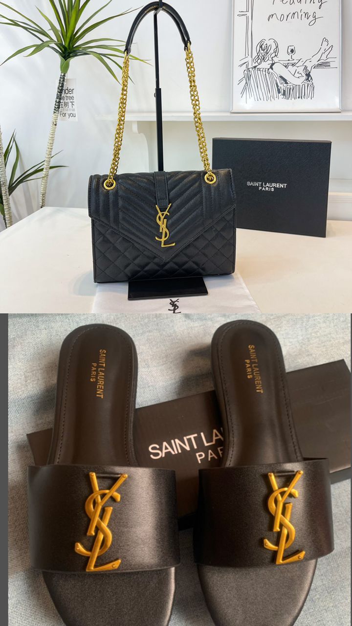 Saint Laurent YSL Envelope Chain Bag & Slide Sandals — Black/Gold