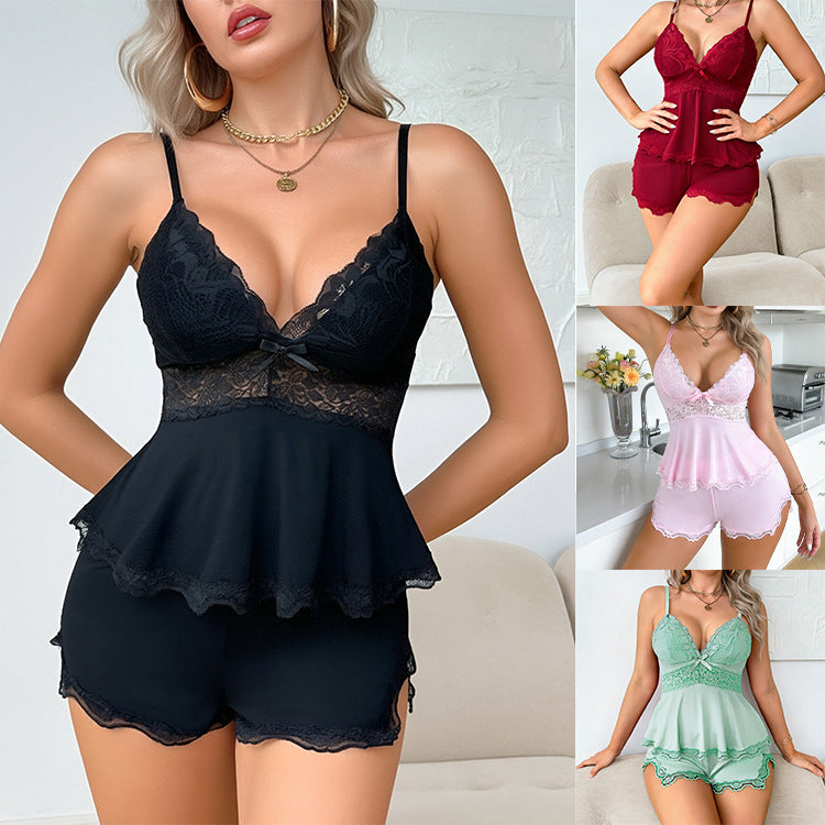 Two piece lace camisole shorts set