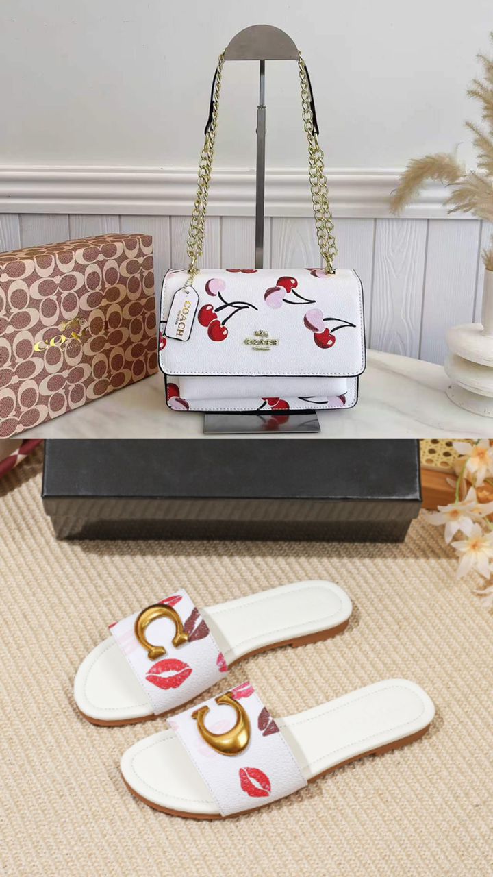 Designer Cherry Print Chain Bag & Slide Set – White