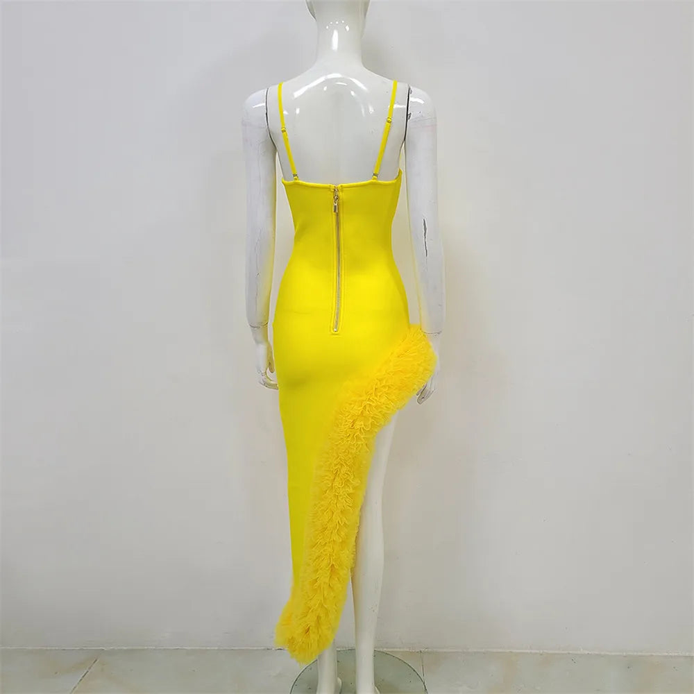 Women Spaghetti Strap Bandage Dress 2023 New Sexy Pacthwork Clothes Club Party Celebrity Elegant Dresses