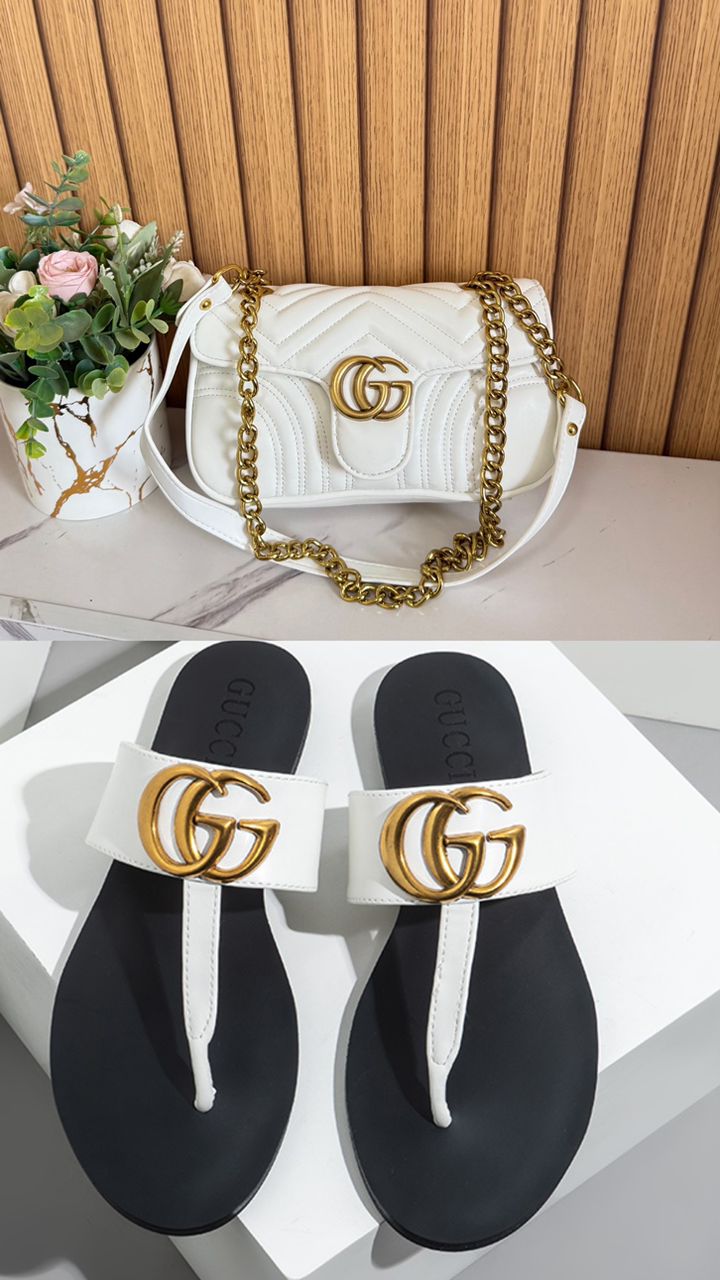 Gucci GG Marmont White Quilted Shoulder Bag & Thong Sandals Set